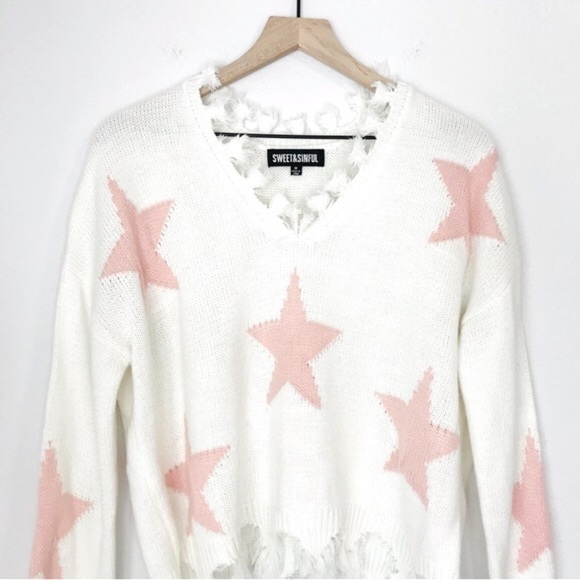 Oversized Soft Knit Chewed Hem Pink Stars V Neck Sweater - Picture 3 of 9